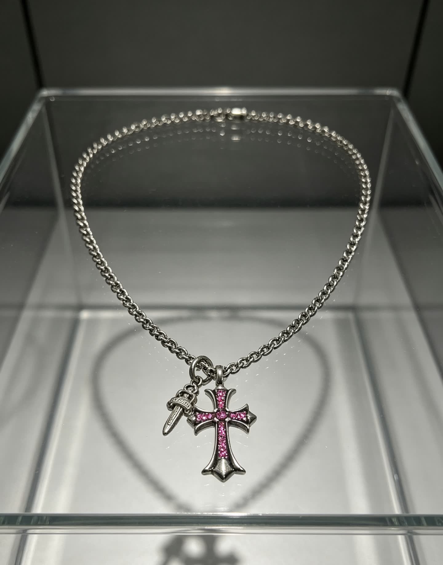 Chrome Hearts Silver Cross Pendant with Pink Stones